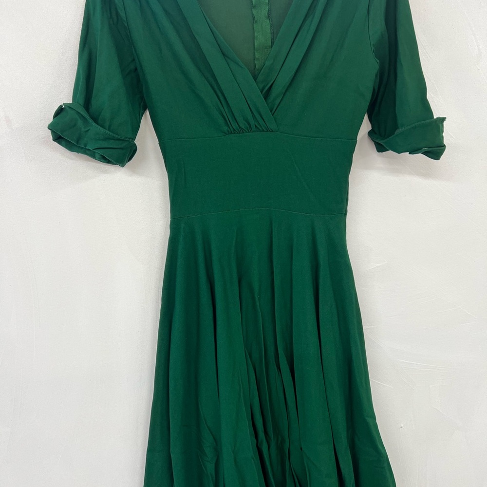 Vintage brand 1940’s inspired Green Wrap Midi Dress with Pleated Cuffed Sleeves